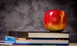 Ein Apfel liegt auf Schulbüchern